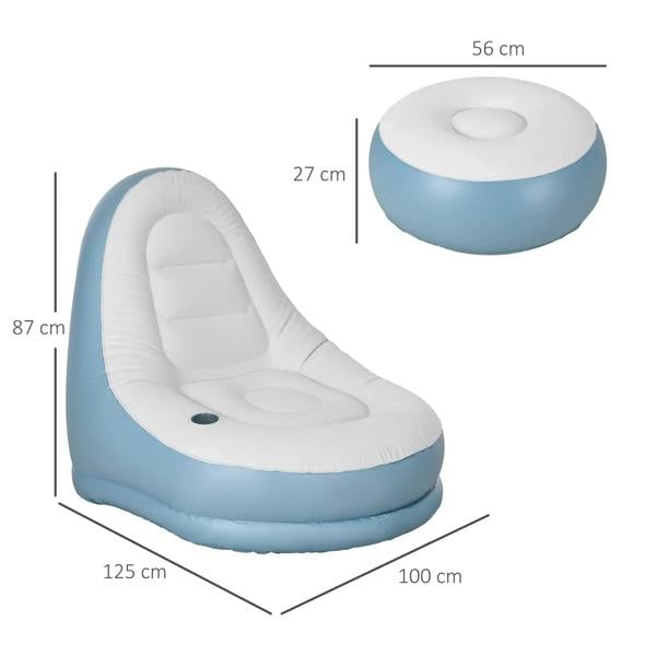 Inflatable tub chair with matching round footstool, white top and light-blue sides