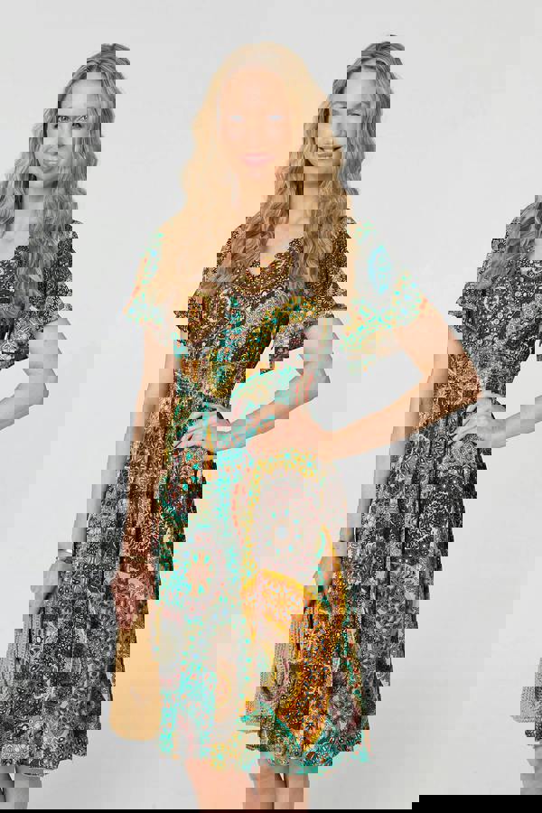 Beige | Printed Shirred A-Line Midi Dress