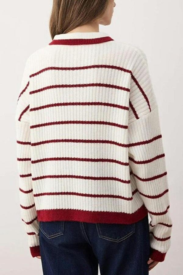 WOVCOR Polo Collar Striped Knit Sweater