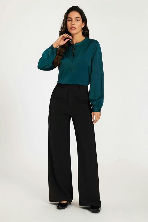FS Collection Long Sleeve Satin Blouse Top In Teal