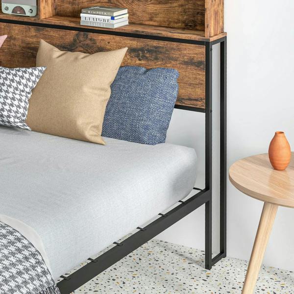 Rustic brown double bed frame side view with steel legs and drawers under the bed
