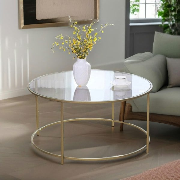 Rafaelo Mobilia Industrial Tempered Glass Round Coffee Table Gold