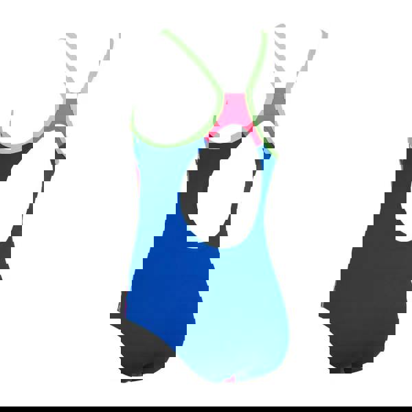 Zoggs girls medley rainbow strikeback swimsuit in blue with green and pink accents