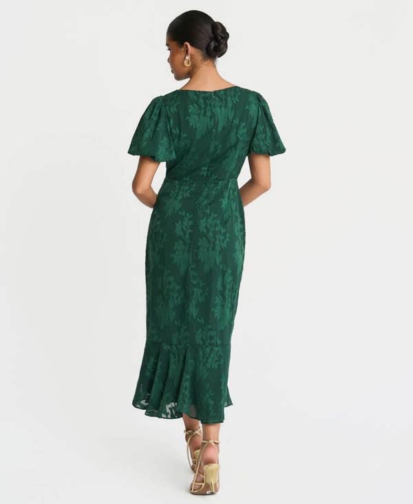 Needs No Label Forest Green Jacquard Puff Sleeve Midi Dress