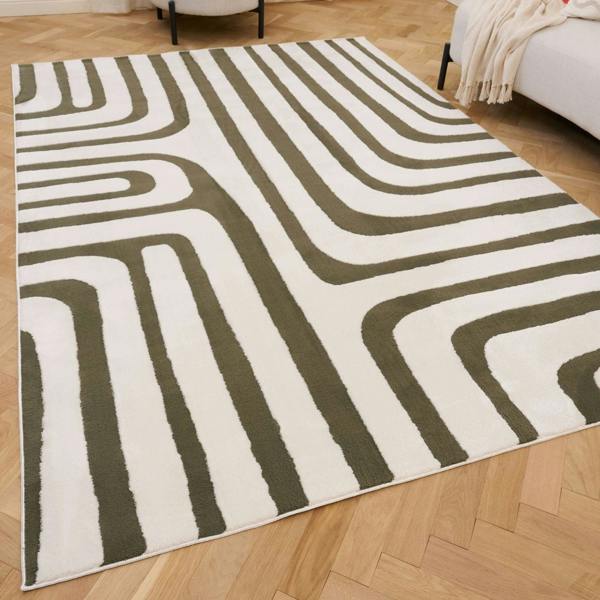 Geometric patterned rug on a wooden floor