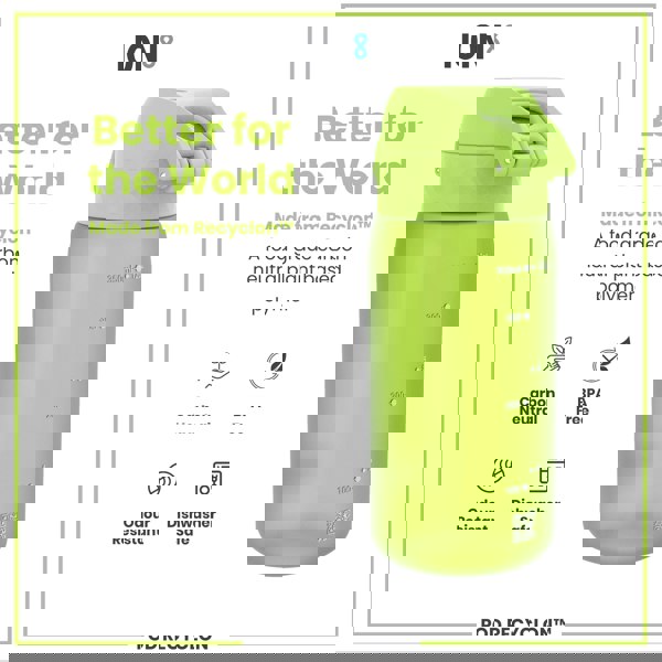 A light green water bottle sits on a white background. The bottle is made from Recyclon™, a plant-based polymer, and is BPA-free, odor-resistant, and dishwasher-safe. It has volume markings in milliliters and ounces.