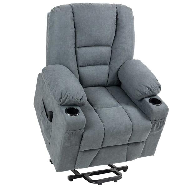 Grey fabric lift recliner chair with padded armrests, footrest, and built-in cup holders