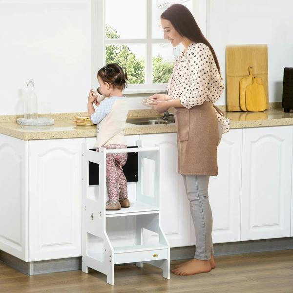 White kids step stool with chalkboard back and open lower storage for toddlers