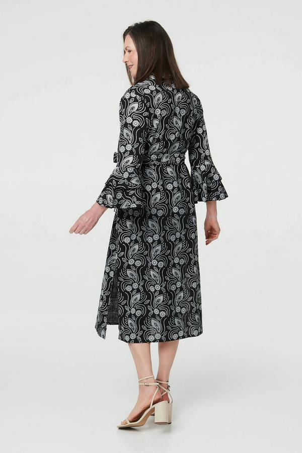 Black | Floral 3/4 Sleeve Tie Midi Shirt Dress