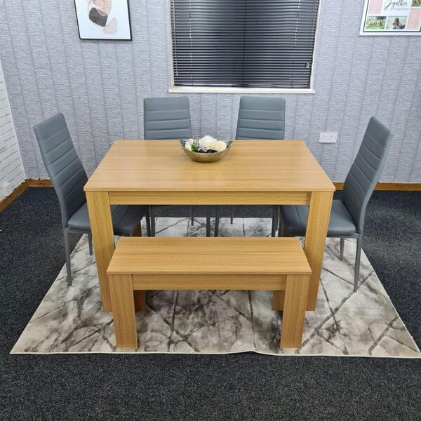 KOSY KOALA 6 Seater Modern Light Wood Dining Table Set with 4 Grey Faux Leather Chairs and Bench Metal Legs H75 x L140 x W80 cm