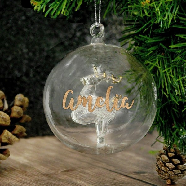 Personalised Memento Company Personalised Gold Glitter Name Only Reindeer Glass Bauble