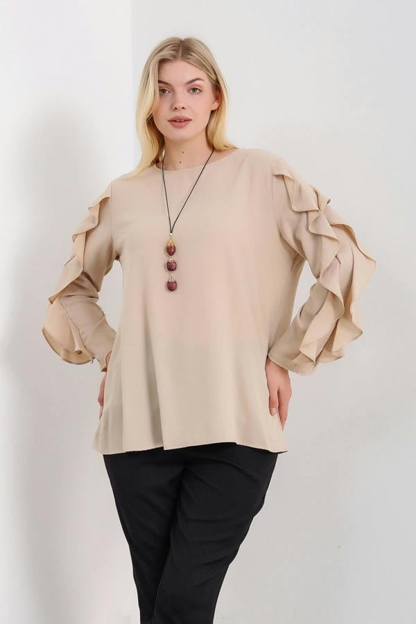 Hoxton Gal Oversized Ruffle Sleeve Relaxed Fit Top In Beige