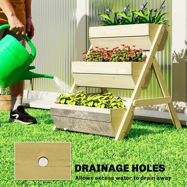 Three-tier wooden planter box on grass with visible drainage holes panel