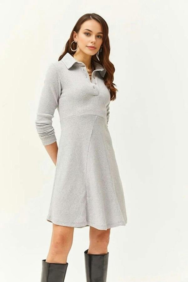 Hoxton Gal Polo Collar Buttoned Mini Flared Dress