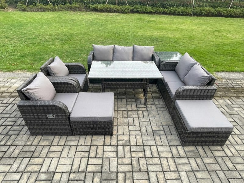 Fimous 9 Seater Garden Rattan Furniture Dining Table Sofa Set Indoor Outdoor with 2 Reclining Chairs Side Tables 2 Big Footstool Dark Grey Mixed