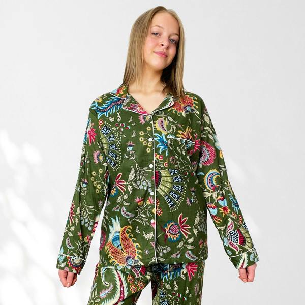 Hayley & Co Green Block Print Floral 100% Cotton Long Pyjama Set