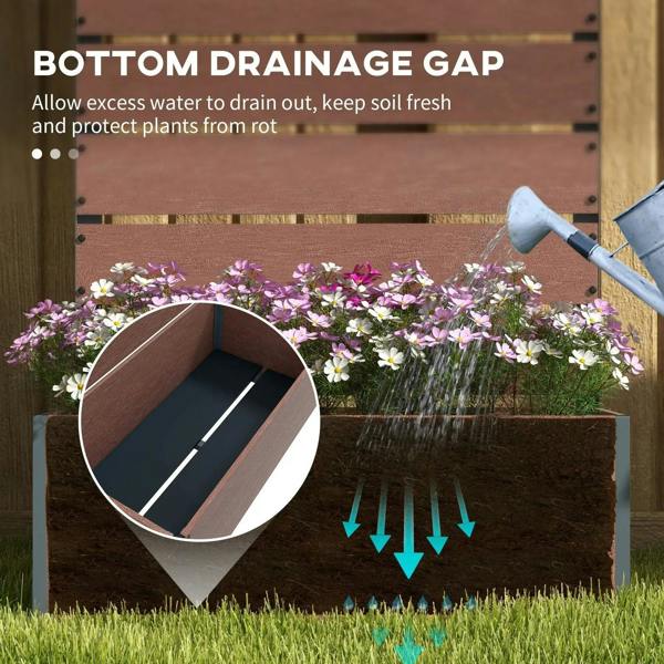 Brown planter box with bottom drainage gap and exposed soil inside