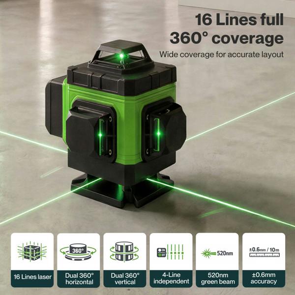 Traderight 16 Line Laser Level 4D Green Cross Line Self Leveling Rotary Measure