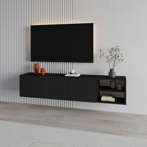 Decortie Conrad 180cm Floating TV Stand, Wall-Mounted Unit with 3 Soft-Close Doors & Open Shelves