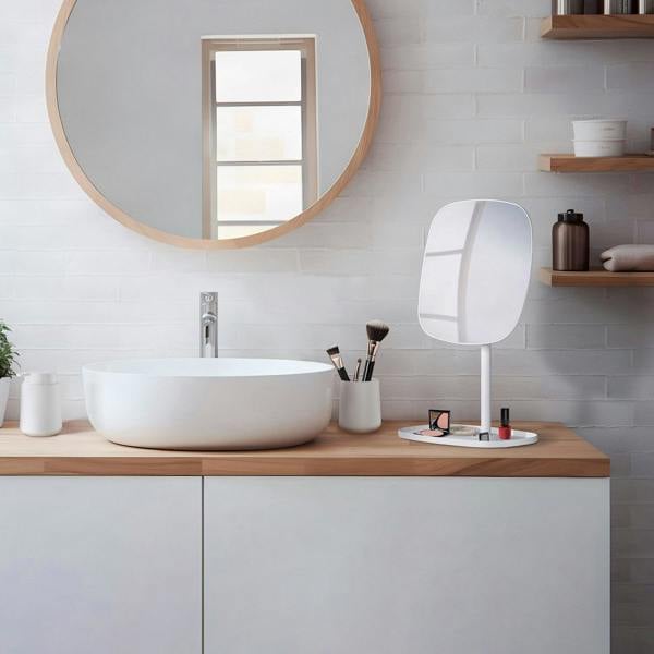 BESLAGSBODEN Matt White Mirror with Storage Tray (192 x 192mm) Freestanding 7x Magnification Bathroom Makeup or Shaving Mirror