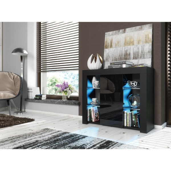 Mex Furniture Sophisticated 97.5cm Cabinet Cupboard TV Stand – Black High Gloss with Free LED