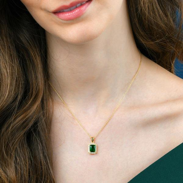 namana Gold Plated 925 Sterling Silver Green Rectangle Halo Pendant Necklace For Women