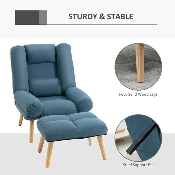 Blue upholstered recliner armchair with footstool and four solid wood legs