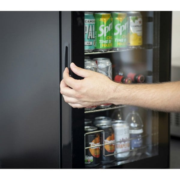 60L Under Counter Wine Beer Drinks Fridge Cooler - BLACK & GLASS 74x 330ml Cans - LoopsDirect