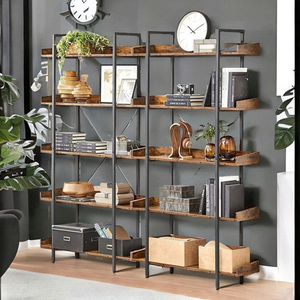 Rafaelo Mobilia Industrial 5 Tier Rustic Brown Bookcase