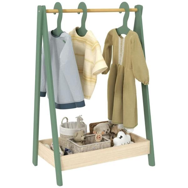 Green kids clothes rail with three wooden hangers and bottom storage shelf