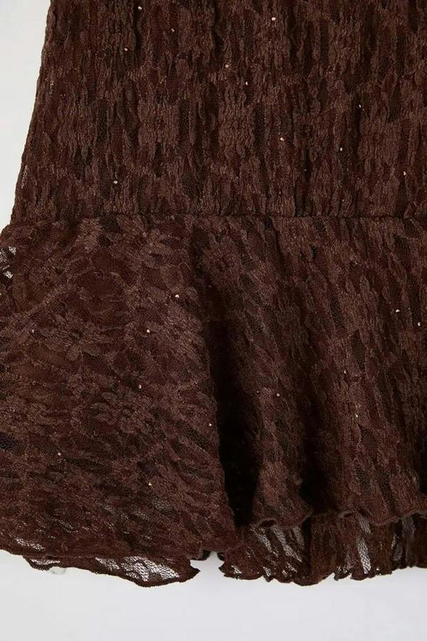 WOVCOR Plus Size Skirt with Ruffled Hem and Knitted Lace