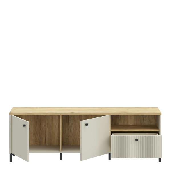 Furniture To Go Bixbite Wide TV Unit with Fluted Drawer, Open Shelf & Cupboard in Mauvella Oak and Sand
