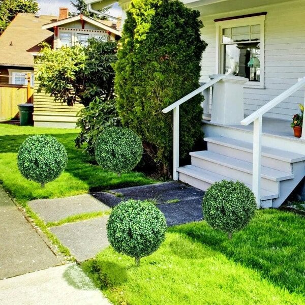 Artificial Boxwood Trees w/ Ground Stake, Set of 2 Ball Shaped Topiary Trees for Home Office & Living Room, UV Resistant - Green