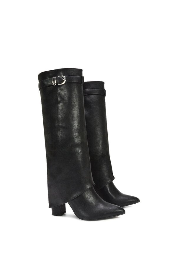 XY LONDON Fold Over Boots Block Heel Buckle Point Toe