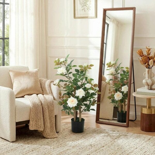 90cm Artificial Rose Tree, Decorative Fake Plant with 344 Silk Leaves 17 Flowers for Outdoor Indoor Decor, White - White