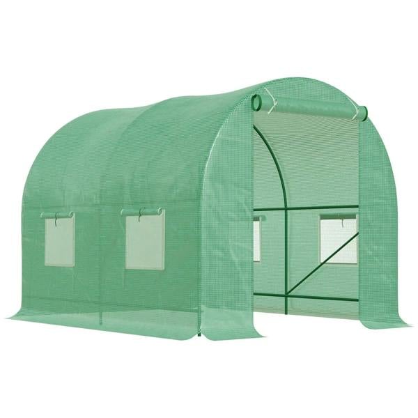 Green polytunnel greenhouse with roll-up front and side zip windows