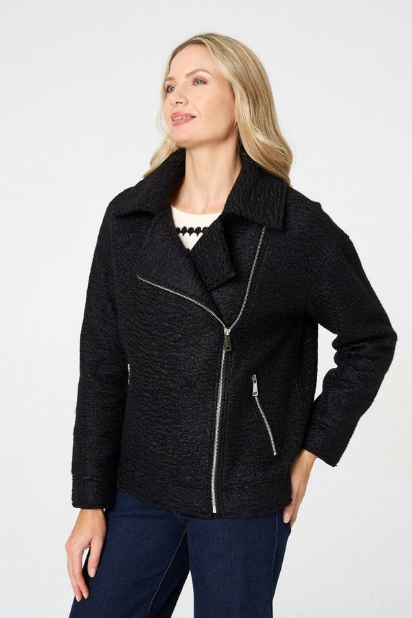 Black | Textured Asymmetric Biker Jacket
