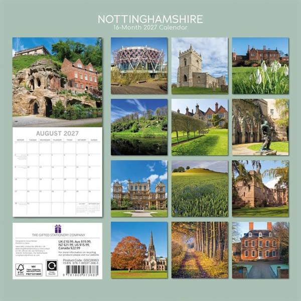 Nottinghamshire Calendar 2027, Wall Calendars, Month To View, Travel, Gift