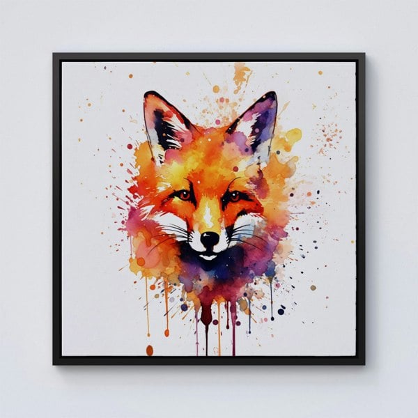 Warren Reed Watercolour Splash Art Fox Face Framed Canvas