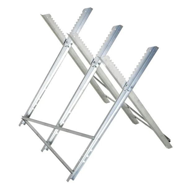 Silver adjustable metal sawhorse stand with three sawtooth supports for workpieces