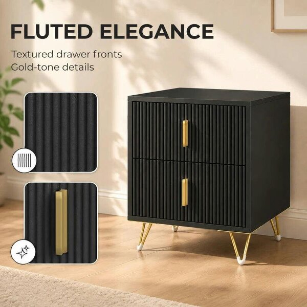 Elegant Fluted Bedside Table - Black/Gold-Tone