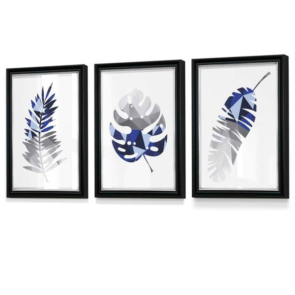 Artze Wall Art GEOMETRIC Set of 3 Blue & Grey Tropical Leaves Framed Prints