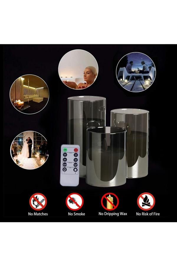 Living and Home 3Pcs Smoke Grey Glass Flameless LED Candles Realistic Swaying Flame with Remote Control & Timer for Wedding Christmas Home Decor
