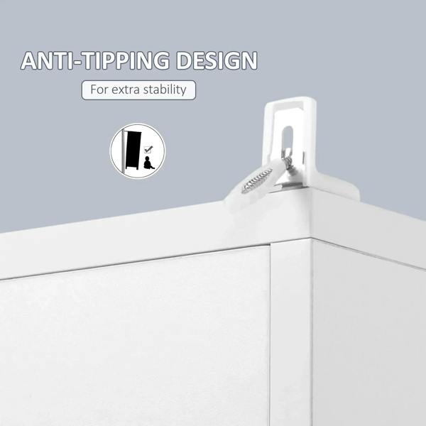 White bathroom cabinet with mounting hardware at the top edge for anti-tip stability