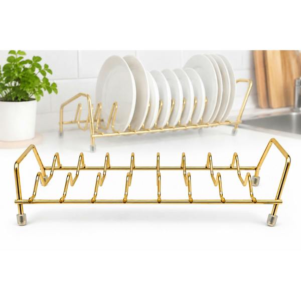 Dyzi Stainless Steel Dish Rack 7 Slot Plate Lid Kitchen Organiser Gold