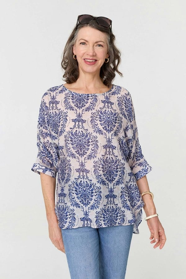 Blue | Baroque Print 3/4 Sleeve Relaxed Blouse
