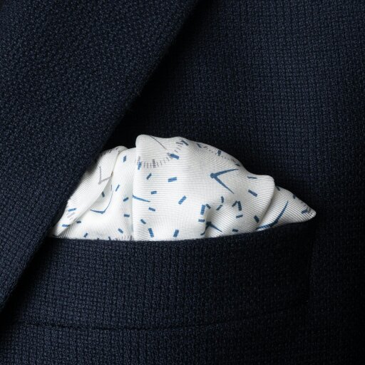 Otway & Orford 'Chronos' watch design silk pocket square in white with blue & grey (42 x 42cm)