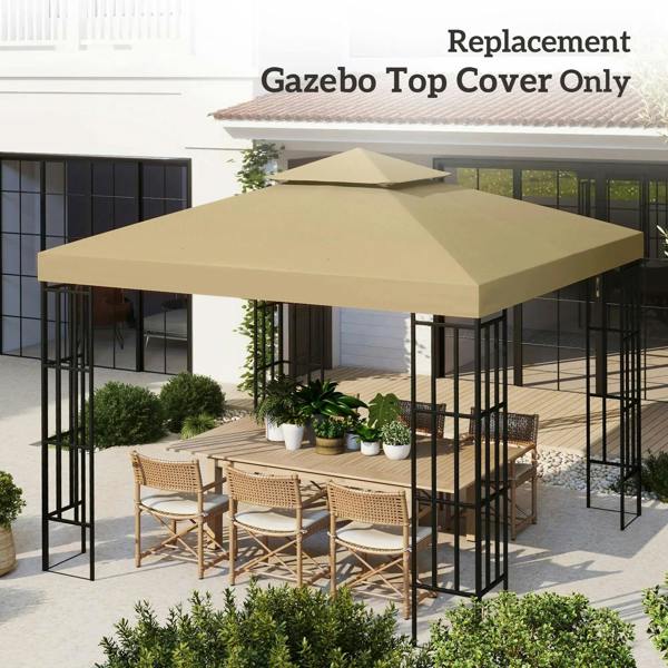 Beige double-tier gazebo top cover canopy replacement roof with open side walls