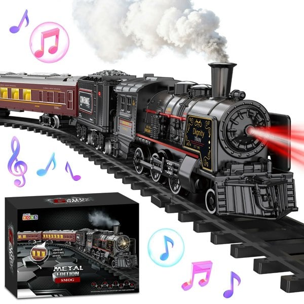 deAO Toys Deluxe Edition Steam Train Set Electric Classic Locomotive Toy with Lights, Real Smoke & Sounds