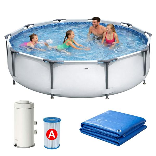 INTEX Prism Frame Pool Set with Filter Cartridge, Pump & Pool Cover 4-in-1  Pool Set 10 ft x 30in